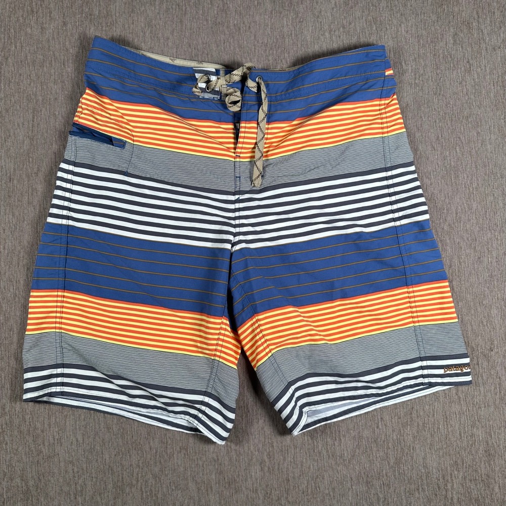 Patagonia Mens Striped Board Shorts Blue Orange Yellow Size 35 Swim Trunks